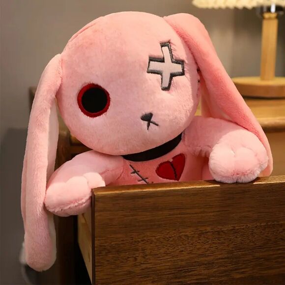 Pink Gothic Horror Bunny Creepy Cute Stuffed Animal w/ Long Ears Plush Toy - Picture 2 of 3